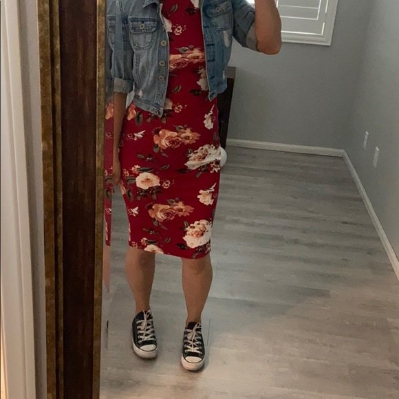 Red Floral Dress With Denim Jacket SHEIN Dresses Red Floral Dress - Main Image